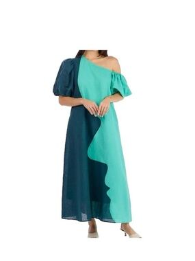 Asymmetrical Two-Tone Teal Maxi Dress - One-Shoulder Puff Sleeve Crosby